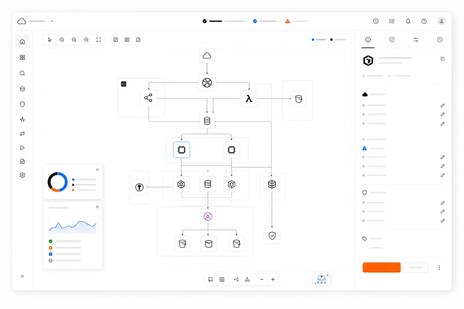 Cloud architecture workspace preview with a topology canvas, navigation rail, and properties inspector.